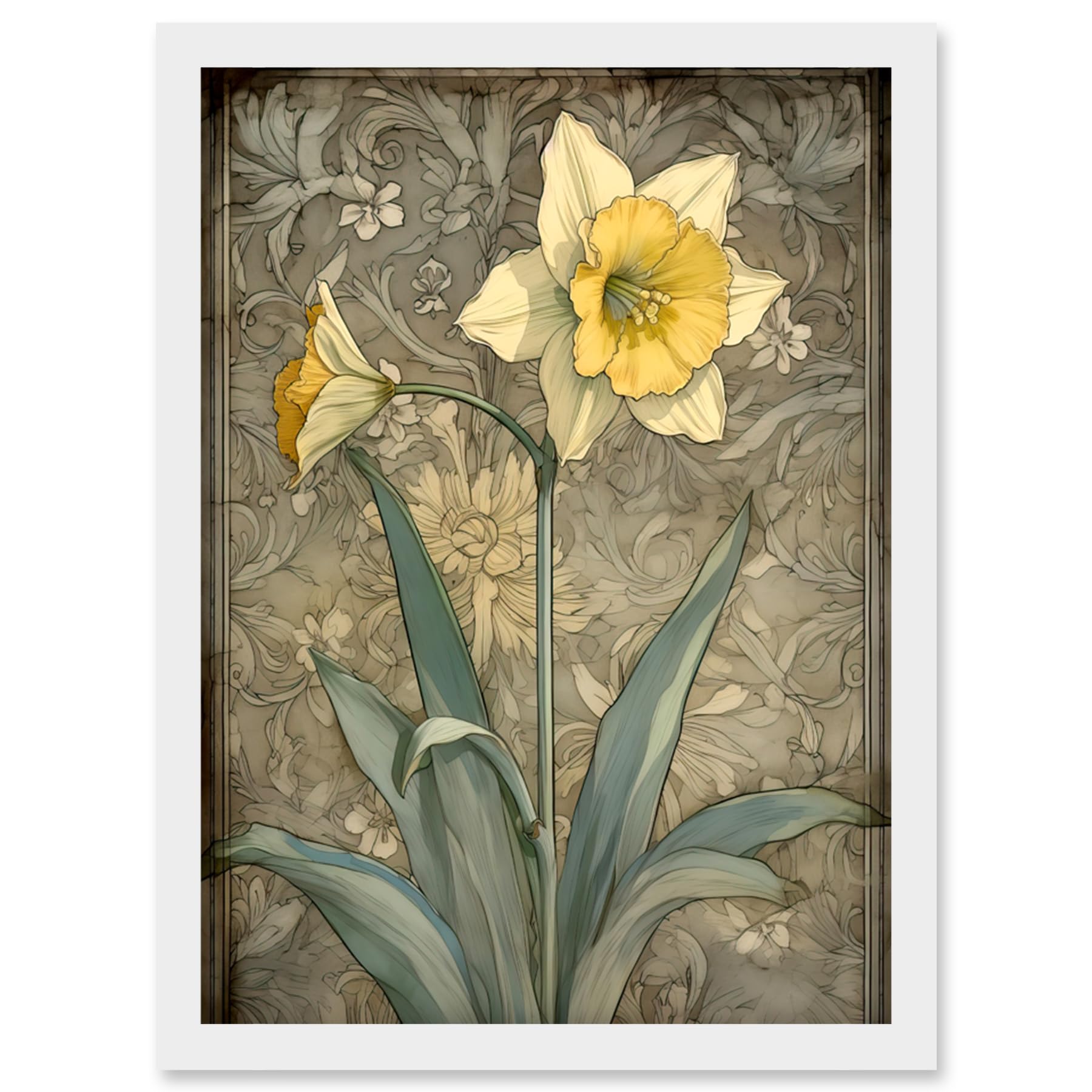 Artery8 Daffodil Flower Pastel Watercolour Art Nouveau Artwork Framed Wall Art Print A4