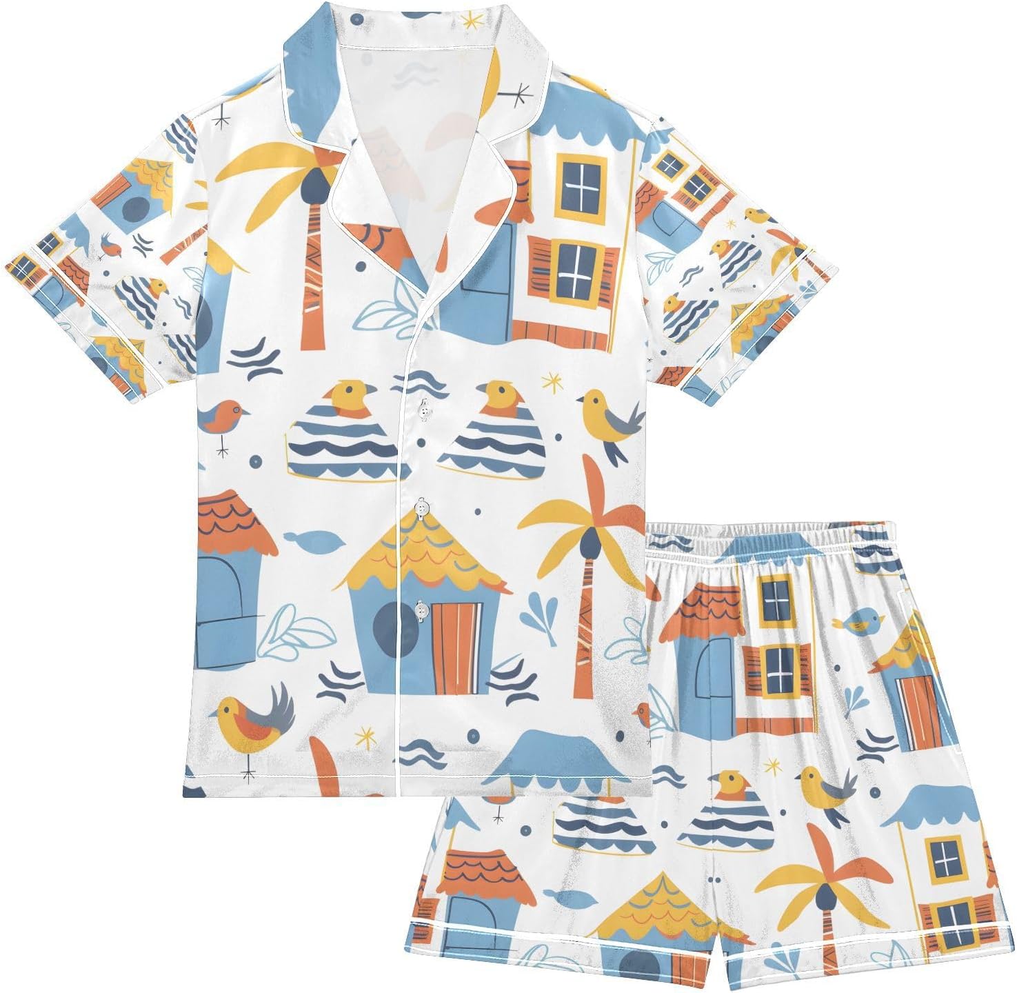 senya Cartoon Beach House Satin Summer Pajama Sets Silk Short Sleeve Button Down Sleepwear