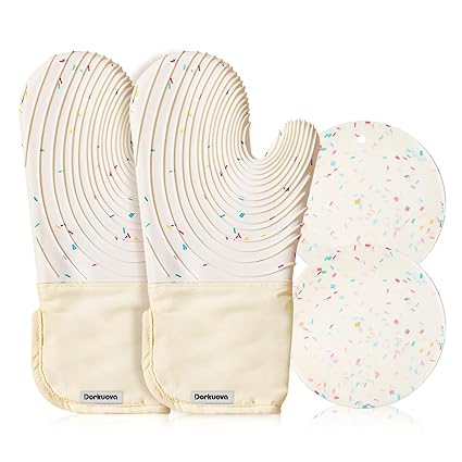 Dorkuova Silicone Oven Mitts Pair,Oven Gloves, BPA-Free, Long Cooking Mitts,Oven mits/Glove Set for BBQ, 4 Pieces (Milky White)