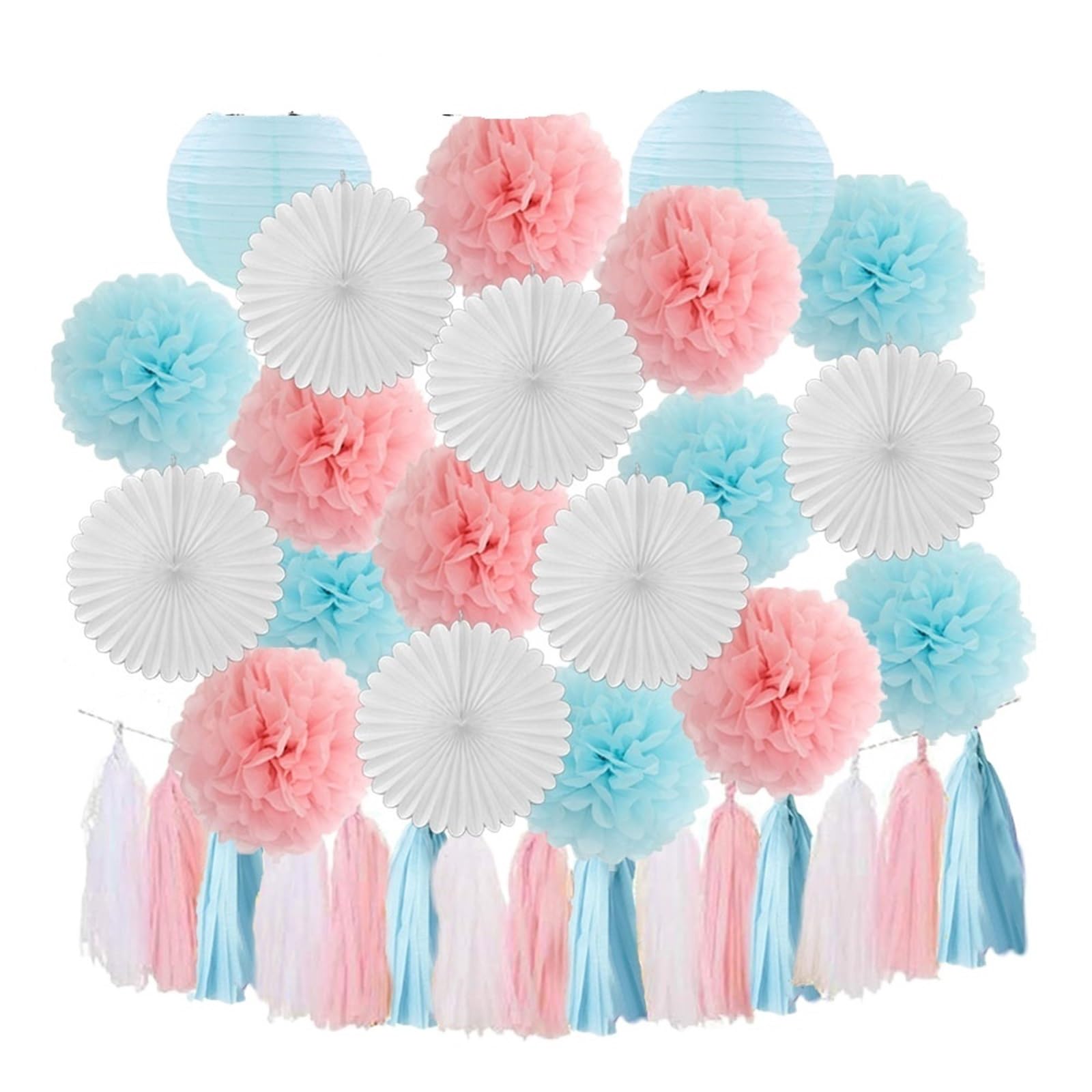 Paper Lanterns Boy Birthday Party Favor Hanging Paper Lantern Fan Wedding Decor Blue White Set Tissue Pompom Tassel(Pink Blue Set)