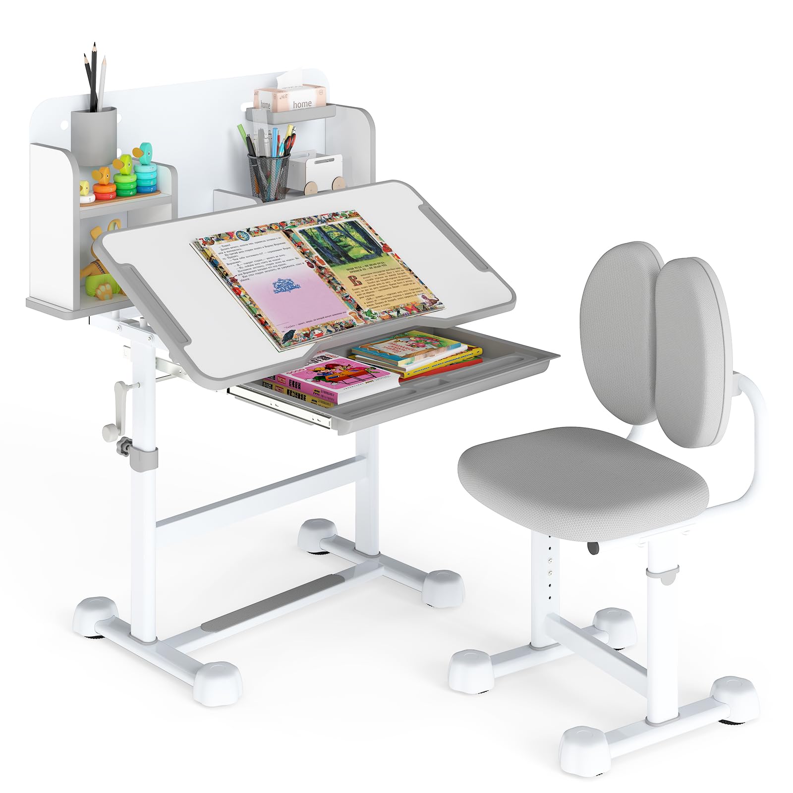 Maxmass Kids Table and Chair Set, Height Adjustable Children Desk and Chair with Tilt Desktop, Drawer, Storage Shelves, Pen Slot, Student Learning Studying Table for Writing Reading Drawing (Grey)