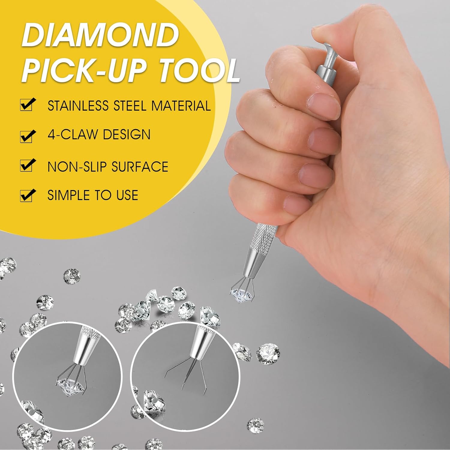 3 Pack Piercing Ball Grabber Tool, Stainless Steel Jeweler's Pick Up Tool with 4 Prongs Holder Diamond Claw Tweezers for Tiny Objects Ic Chips Electronic Components