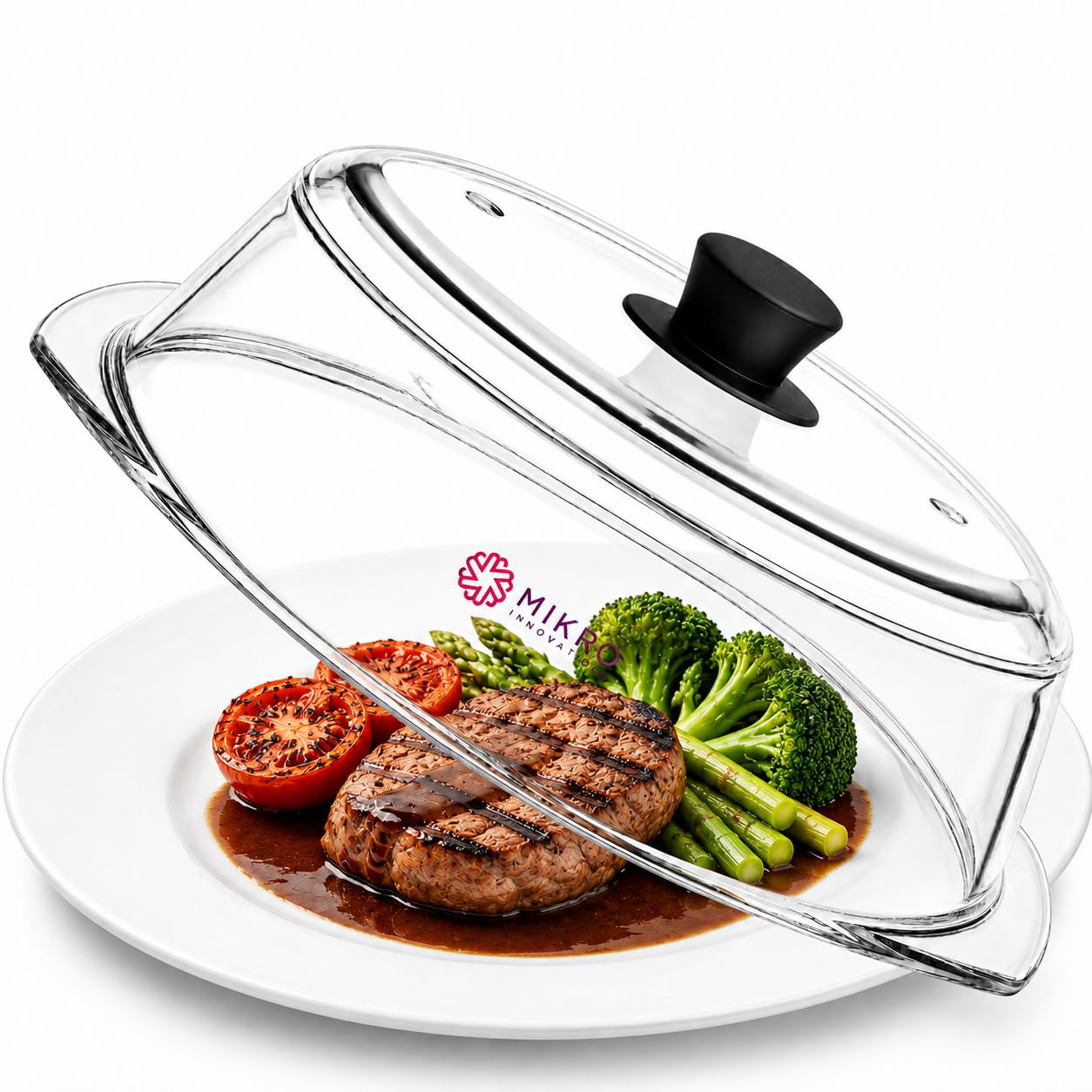Tall Glass Microwave splatter cover | Sturdy clear 100% food safe BPA free glass lid with easy grip silicone handle | Heavy-duty glass for longer life, Dishwasher safe for easy cleaning - 10.5in