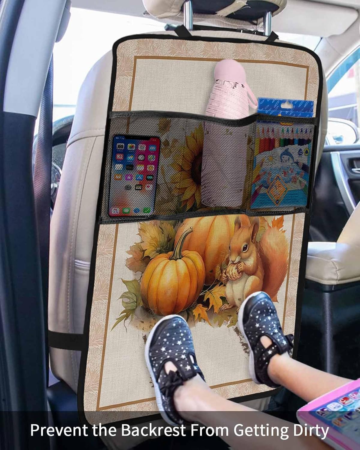 Car Seat Protector, 2 Pack Kick Mats with Organizer - 3 Pocket Storage, Thanksgiving Sunflowers and Pumpkin with Squirrel Back Seat Cover for Kids Universal Fit Automotive Interior Protectors
