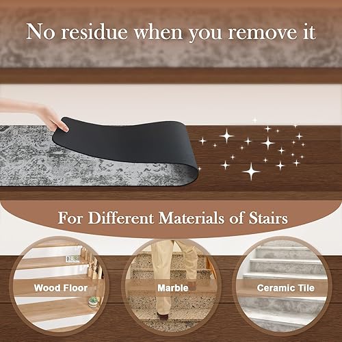 Miniatura 4 de OJIA Juego de 15 peldaños de escalera extra antideslizantes para peldaños de madera, 30 x 8 pulgadas, de goma para interiores, alfombras de