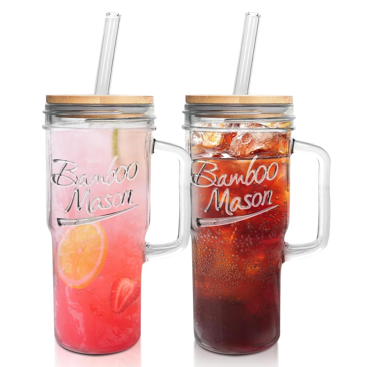 ANOTION Glass Cups with Lids and Straws - 24oz Tumbler with Handle Coffee Cups Glass Straws Glasses Mason Jar Cups Drinking Set Kitchen Essentials Coffee Bar Accessories House Warming Gifts New Home