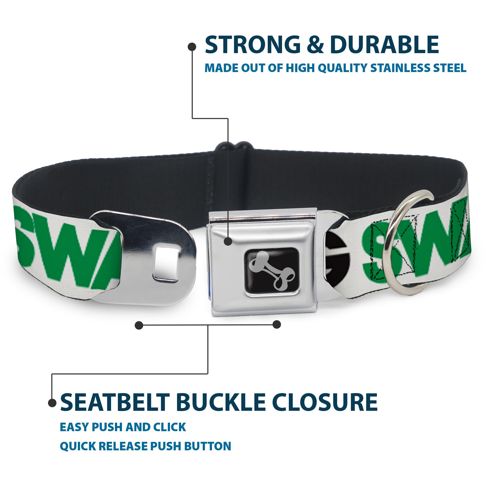 Buckle-Down Obroża dla psa z klamrą pasa bezpieczeństwa - SWAGG biały/czarny/zielony - szerokość 3,8 cm - pasuje na szyję 45-81 cm - duża