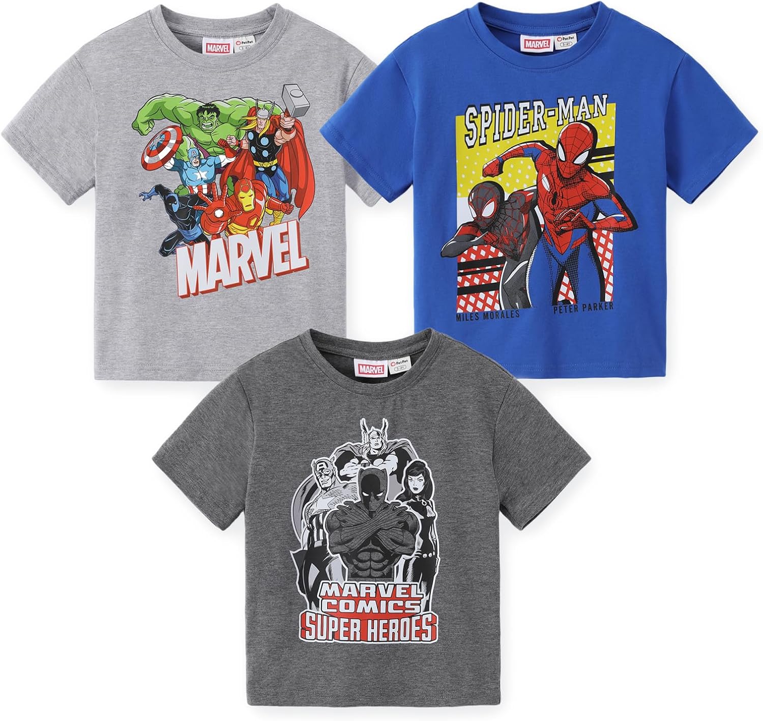 Disney Spiderman Marvel Comics Super Heroes Hulk Thor Black Widow Natasha Romanoff Iron Man Baby Boys T-Shirt 3 Pack Tee Shirt Infant Graphic Outfit Tops Fall Cloth Light Grey/Blue/Dark Grey 2 Years