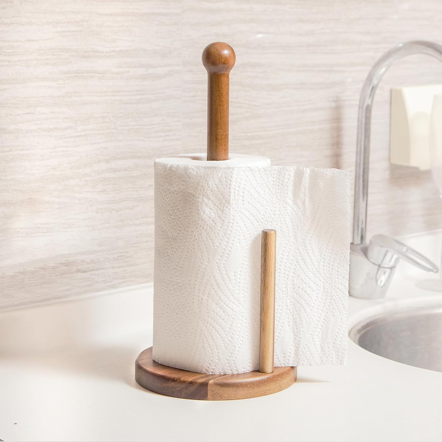 14" Acacia Wooden Paper Towel Holder, 6.7" Large Heavy Base Wooden Kitchen Towel Roll Stand Organizer Free Standing, Rustic Farmhouse Paper Towel Holder Stand, Standing Paper Towel Roll Holders