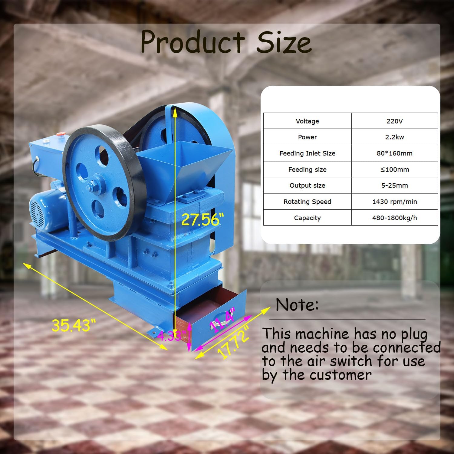 Rock Crusher 220V Mini Jaw Crusher Steel Stone Grinder Indutrial Shredder Can Crusher Rock Crusher Machine Ore Coal Stone 2.2KW Crushing Machine, 150x100 mm