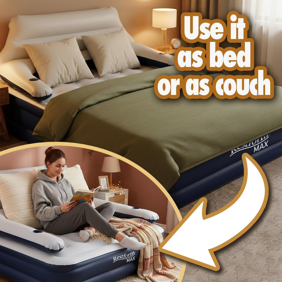 BEST DIRECT Restform MAX 3-in-1 Aufblasbare Matratze mit ergonomischer Rückenlehne – Premium Luftbett Gästebett & Camping, inkl. GRATIS elektrischer Pumpe als Geschenk – Robust & Bequem, 3 Positionen