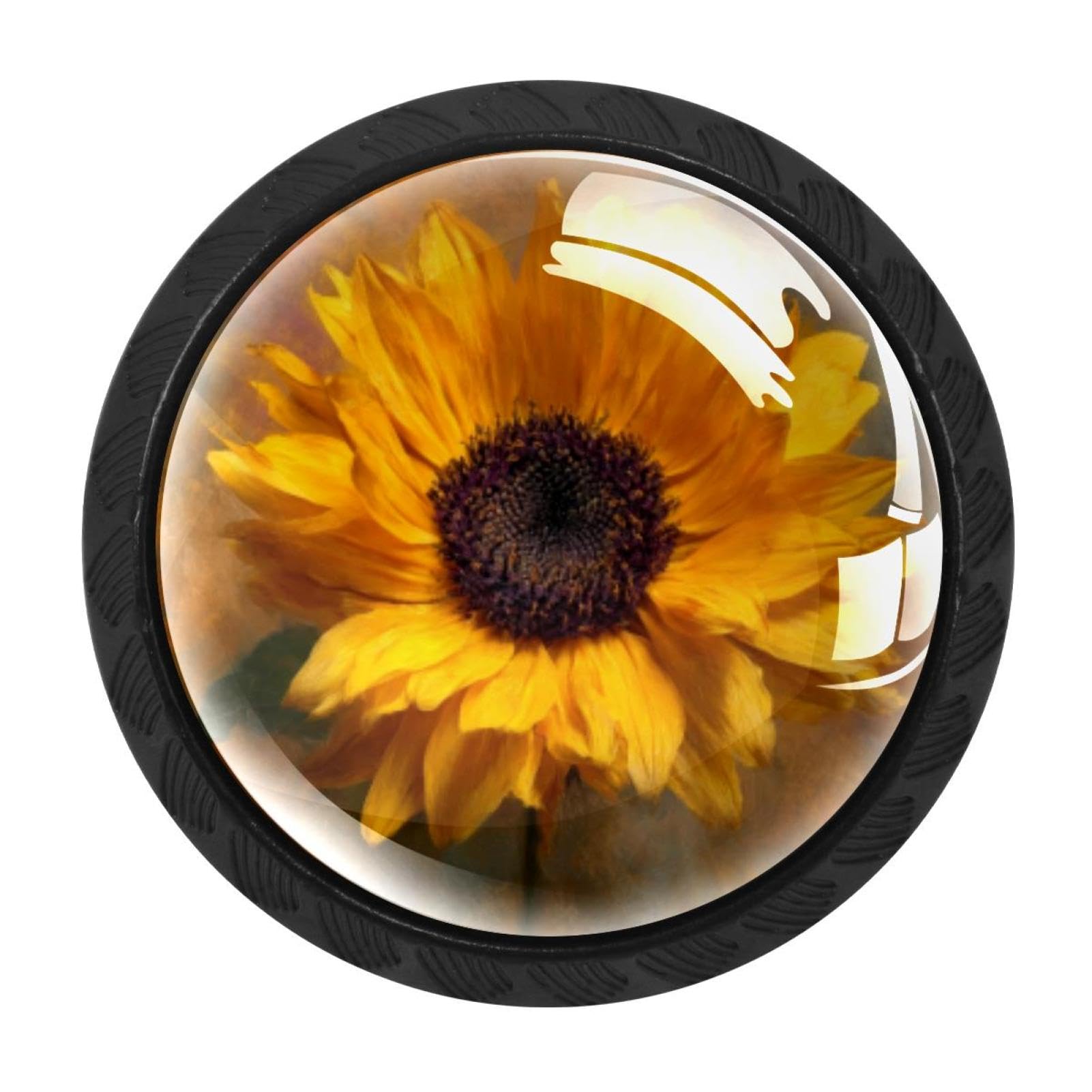 CHENZZZZ 4 Pieces Black Cabinet Pull Handle with Screws,Art Yellow Sunflower Kitchen Knobs, Hardware for Cupboard Drawer Dresser