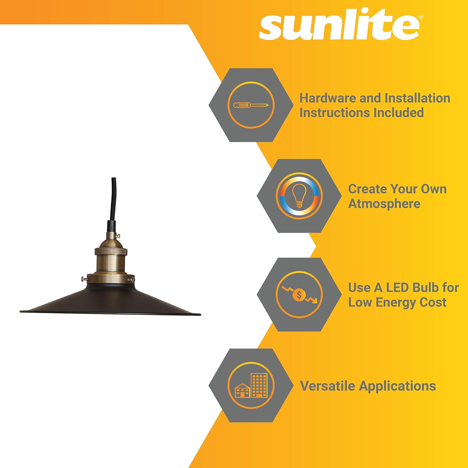 Sunlite 07009-SU Antique Oil Rubbed Bronze Shallow Dish Shade Pendant, Farmhouse Country-Chic Style Fixture, 6-Ft Braided Woven Cord, 60 Watts Max (Bulb Not Included), 10-Inch Wide