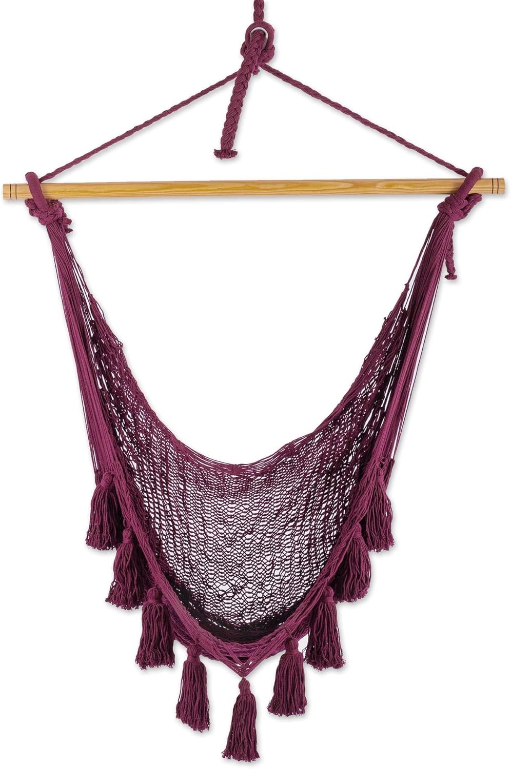NOVICA Handmade Cotton Hammock Swing Tasseled Rope Mayan Wine from Mexico Burgundy Solid Tropical Decor 'Ocean Seat in Bordeaux'