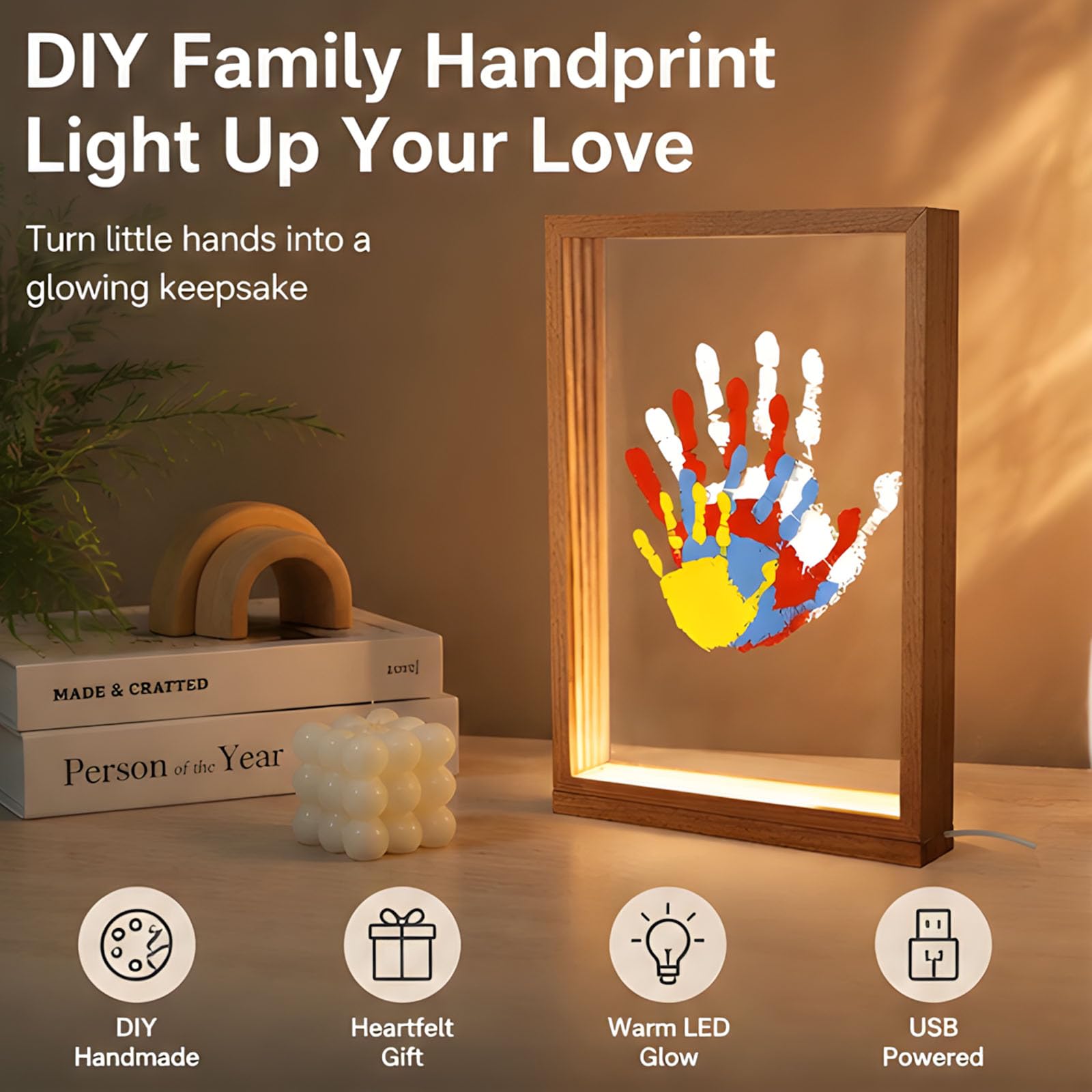 Marco de fotos con luz LED cálida y pantalla alimentada por USB para recuerdos familiares, decoración del hogar, marco de fotos con huella de mano, LED USB