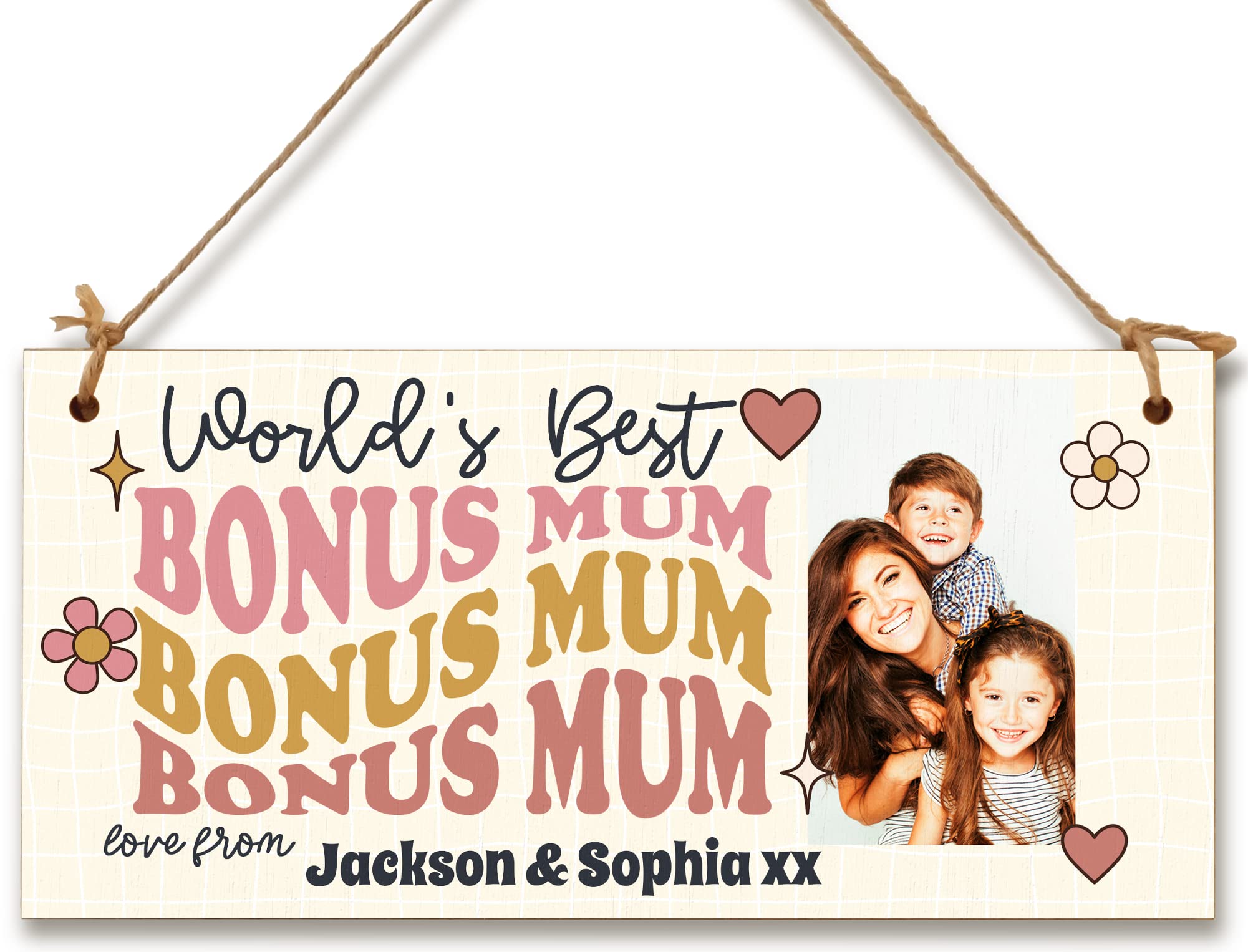 Personalised Wooden Plaque with Photo World's Best Bonus Mum Stepmum Mother's Day Sentimental Door Sign Hanging Home Decor