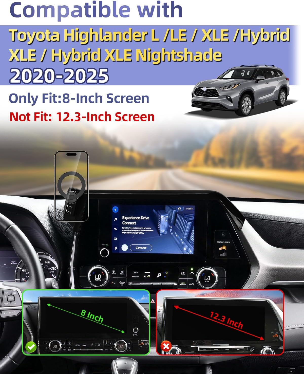 pzk car phone mount for 2020-2025 2026 toyota highlander l/le/hybrid xle nightshade accessories 8-inch screen compatible with magsafe phone holder 360° rotation not affect vent (not fit 12.3 inch) highlander 2020-2026 (8 inch) magsafe