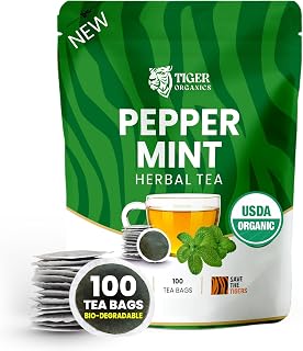 Tiger Organics, Peppermint Herbal Tea (100 Biodegradable Teabags) Supports Healthy Digestion & Promotes Relaxation | Your All-time Caffeine-free Infusion | USDA Organic Certified | Thanks Giving