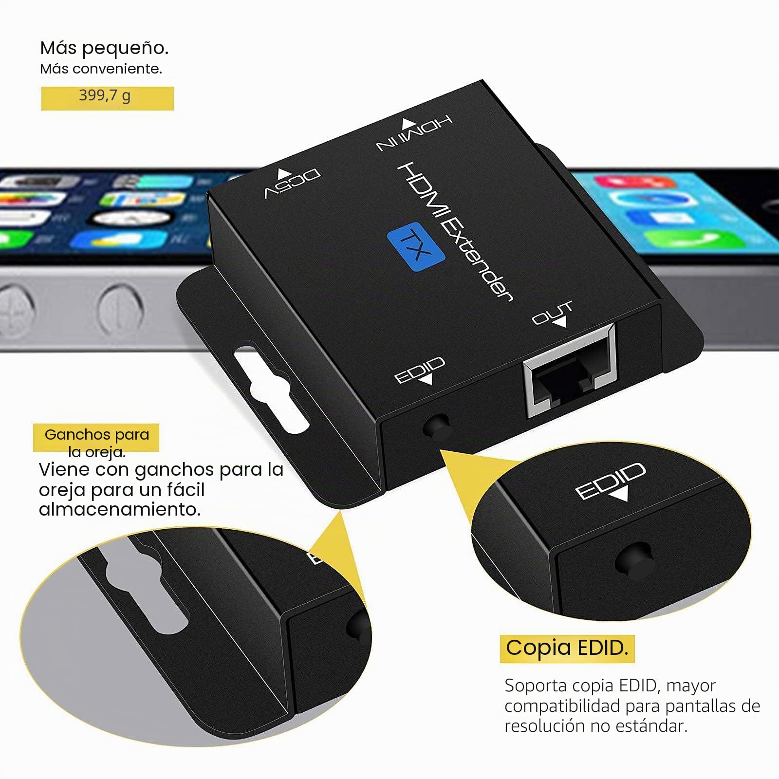 Extensor Con POC 1080P@60Hz Repetidor 3D HDMI (TX y RX) Convertidor RJ45 a HDMI Transferencia Individual Por Cable OFC Cat5e/Cat6/Cat7/Cat8 60M/196ft Con Adaptador de Corriente de 5V