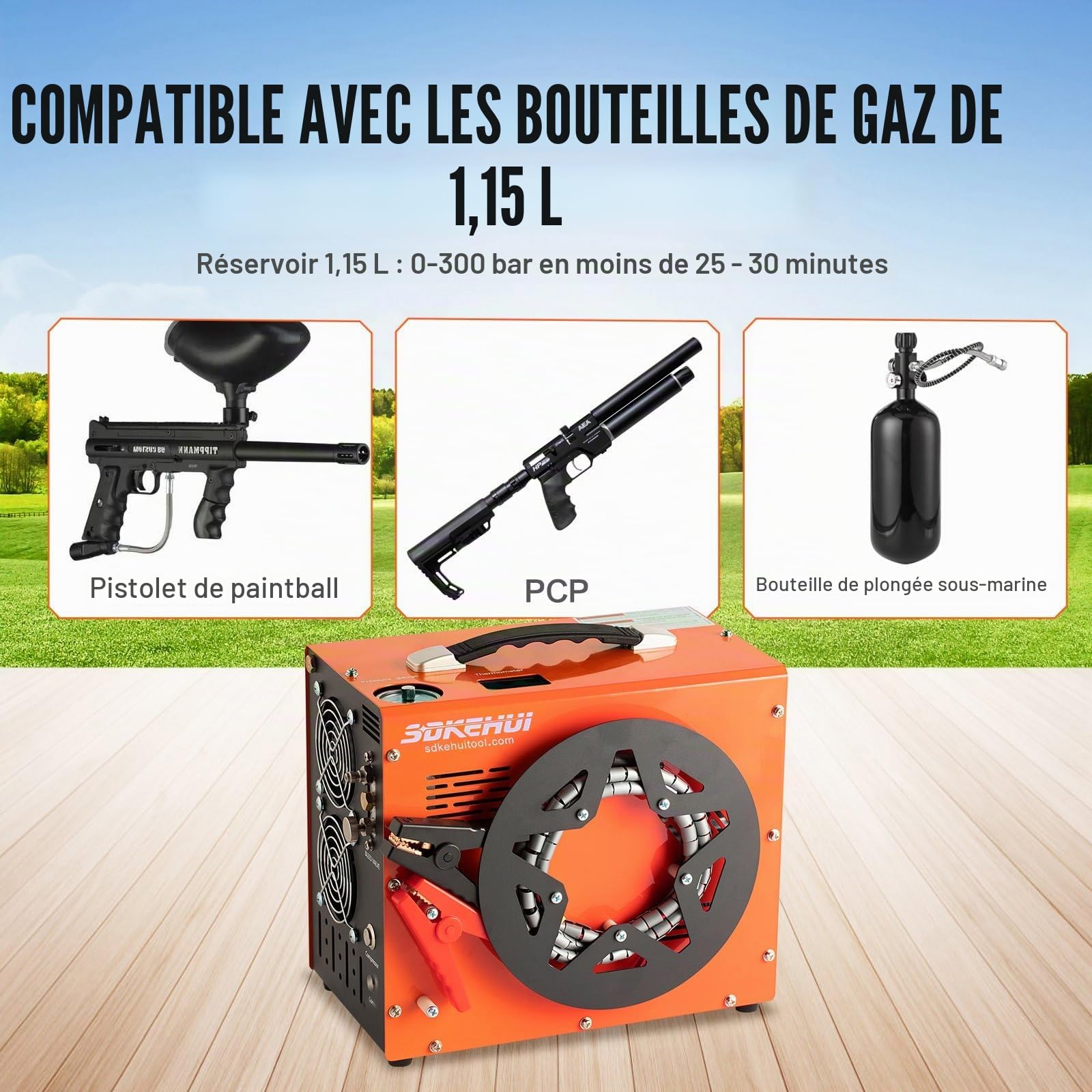 Compresseur d'air PCP 350 W, DC12 V AC 230 V, 4500 psi 30 Mpa, pression d'arrêt automatique, séparateur huile-eau intégré, avec système de ventilateur de refroidissement, pompe haute pression, avec