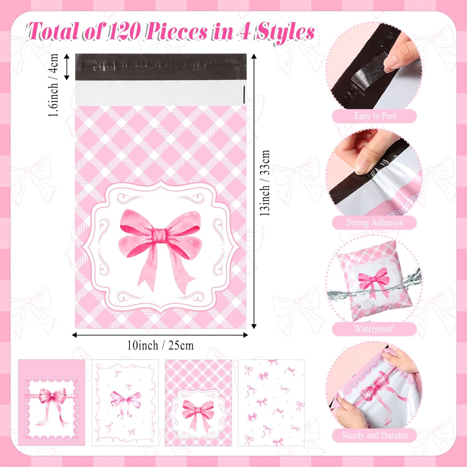 Pasimy 120 Pcs Pink Poly Bubble Mailers Bulk Cute Bow Poly Mailers 10x13 Inch Waterproof Self Adhesive Seal Padded Mailing Envelopes Coquette Mailing Bags for Shipping Small Business Packaging