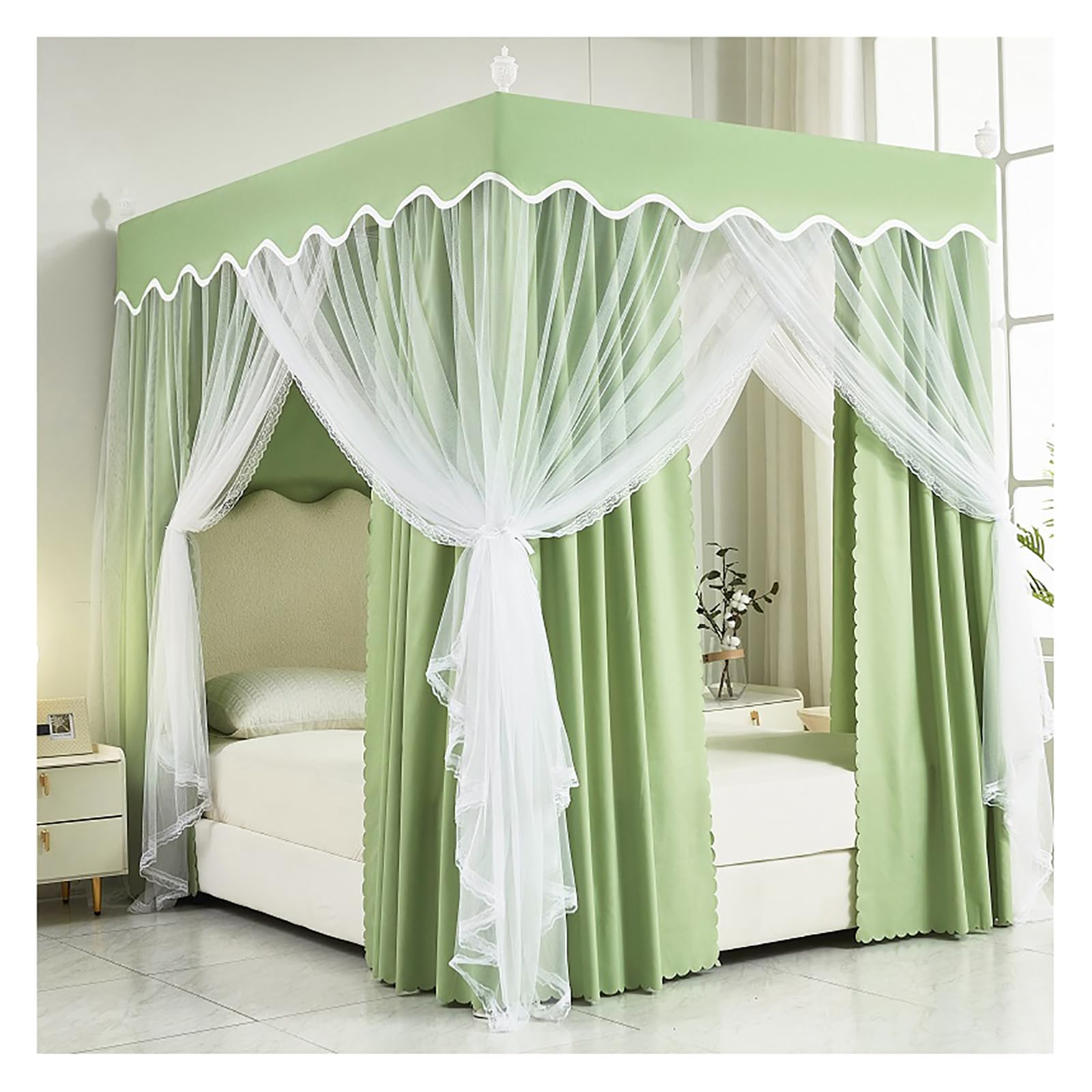 GJMSSMY Canopy Bed Curtains, Bedroom Princess Mosquito Net with Frame 4 Poster Bed Canopy for Girls Bed Canopies & Drapes for Full/King/Queen Size Bed(Size:180×200×200cm,Color:Green)