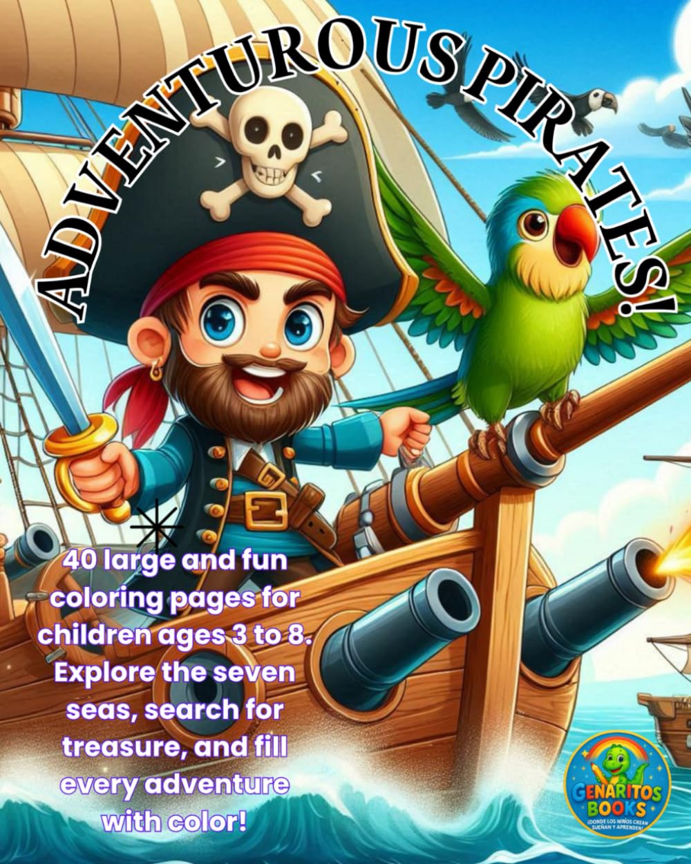 PIRATES AND ADVENTURES!: 40 large, fun coloring pages for children ages 3 to 8. Explore the seven seas, search for treasure, and fill every adventure with color! (Genaritos English books Collection)