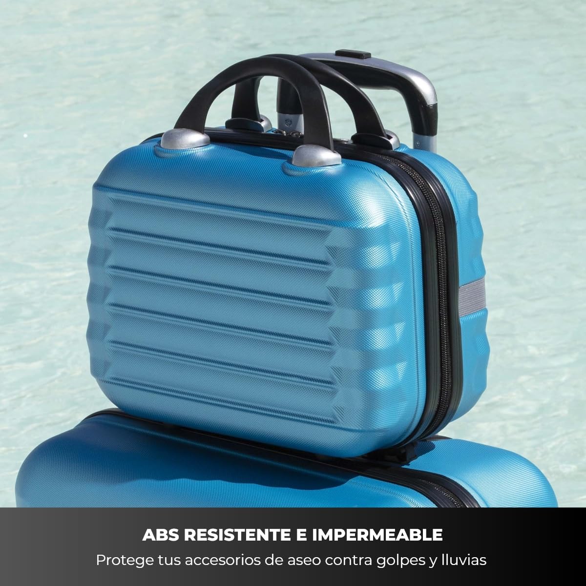 NUMADA-Juego de Maletas Rígidas 2pzs. Maleta Mediana 63cm y Neceser. Set de Maletas de Viaje ABS Eco Friendly, 4 Ruedas Dobles, Resistentes, Ligeras y Seguras (Azul Eléctrico)