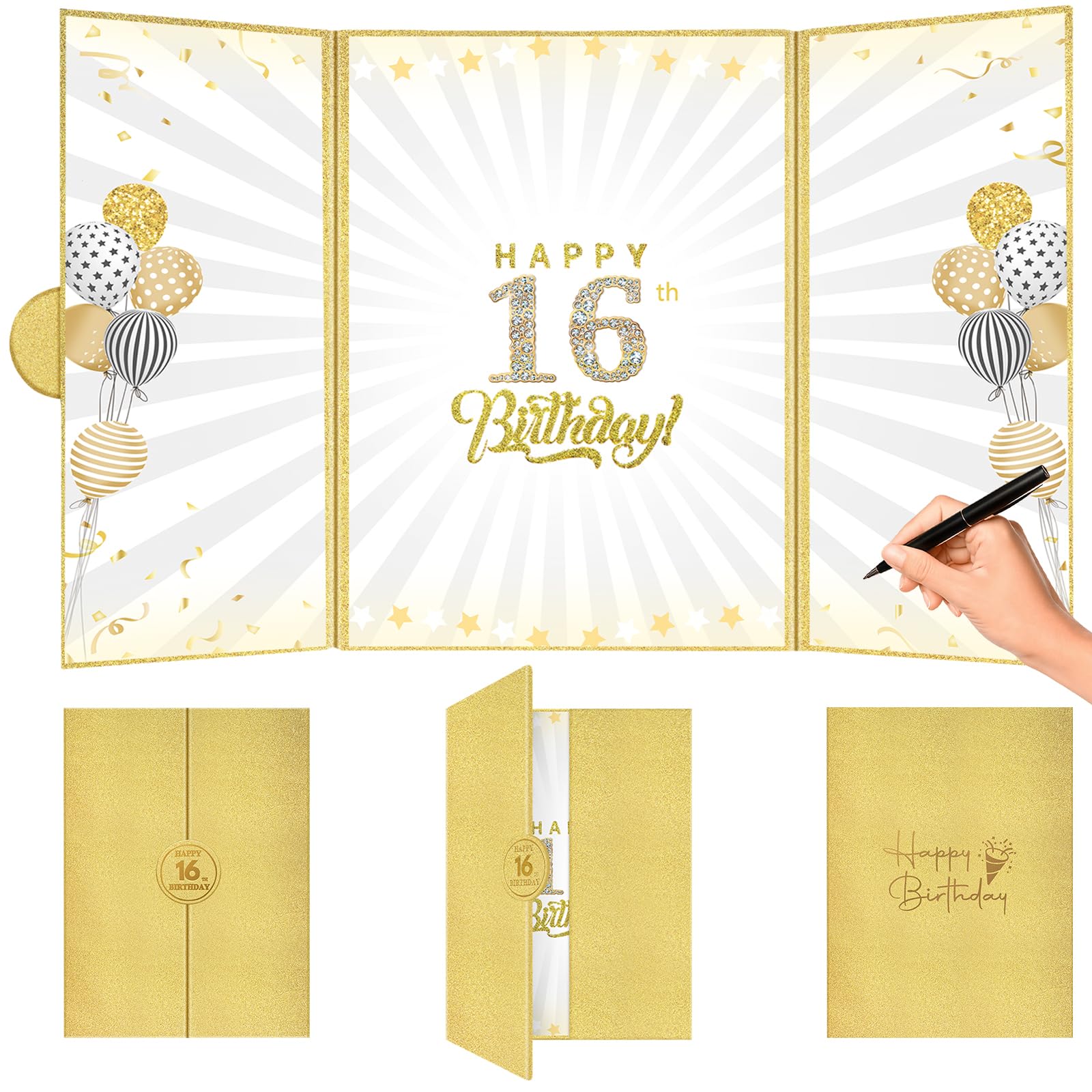 16th Birthday Decoration, Gold Guest Book Alternative for 16 Years Old Party, Signature Keepsake Board with Large Signing Space, Birthday Card Gift Decor for Men & Women