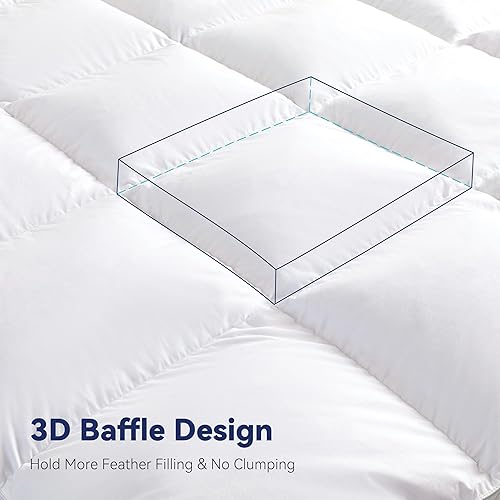 Miniatura 5 de LeWinBedding Cubrecolchón de plumas de ganso blanco de 3 pulgadas, funda de colchón con correas, soporte ultrasuave, tela de algodón 100% orgánico