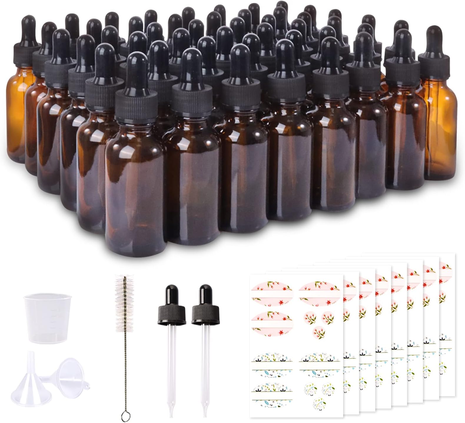Comrzor 48 Pack 1oz Amber Glass Bottles with Glass Eye Droppers for Essential Oils, Perfumes & Lab Chemicals (Brush, Funnels, 2 Extra Droppers, 54 Pieces Labels & 30ml Measuring Cup Included)
