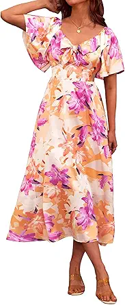Fashionme Women's Floral Satin Maxi Dress with Deep V Neck and Bow Tie Front