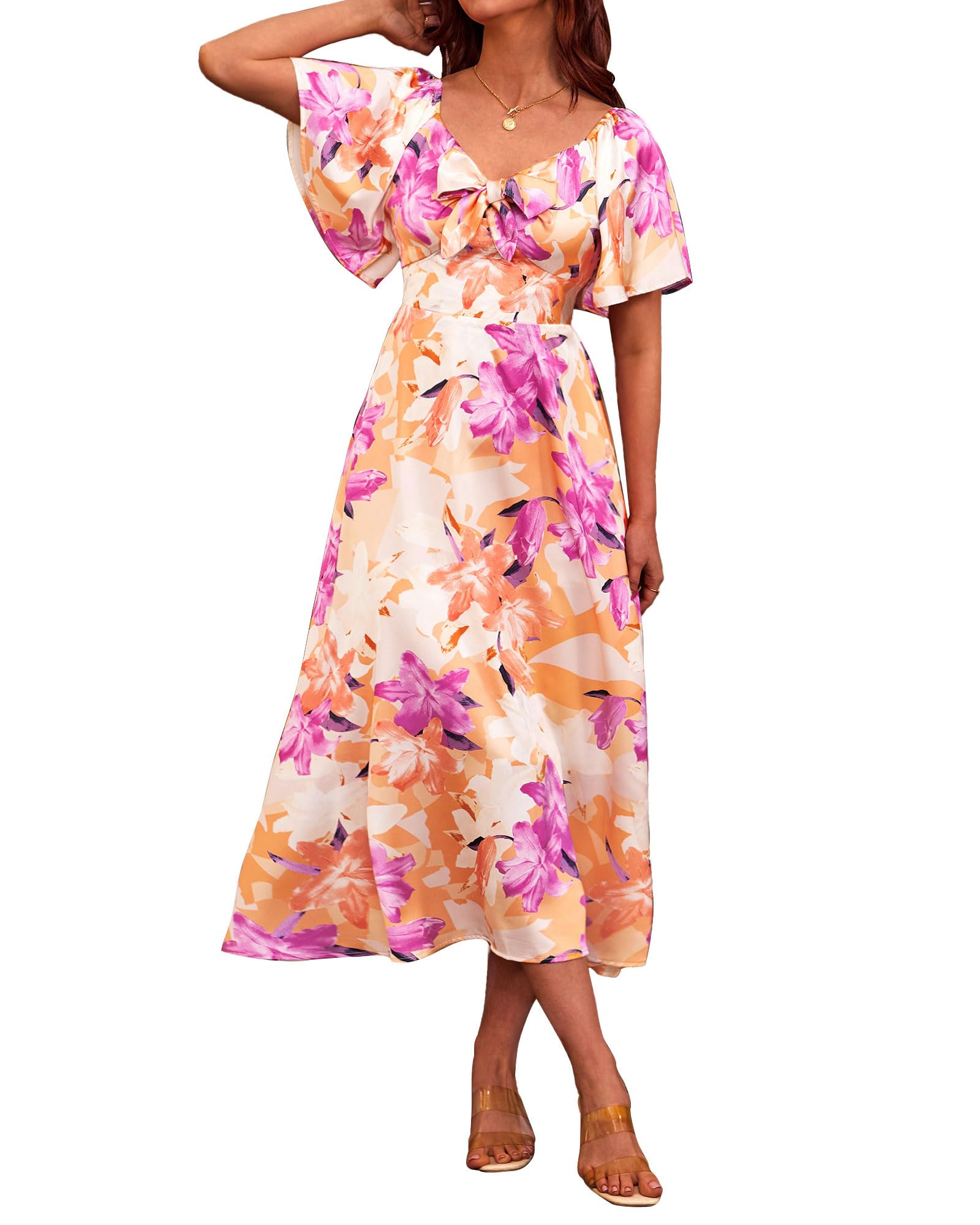 Fashionme Womens Dresses 2026 Maxi Dresses Deep V Neck Elegant Bow Tie Front Cap Sleeve Summer Floral Satin Smocked Dress