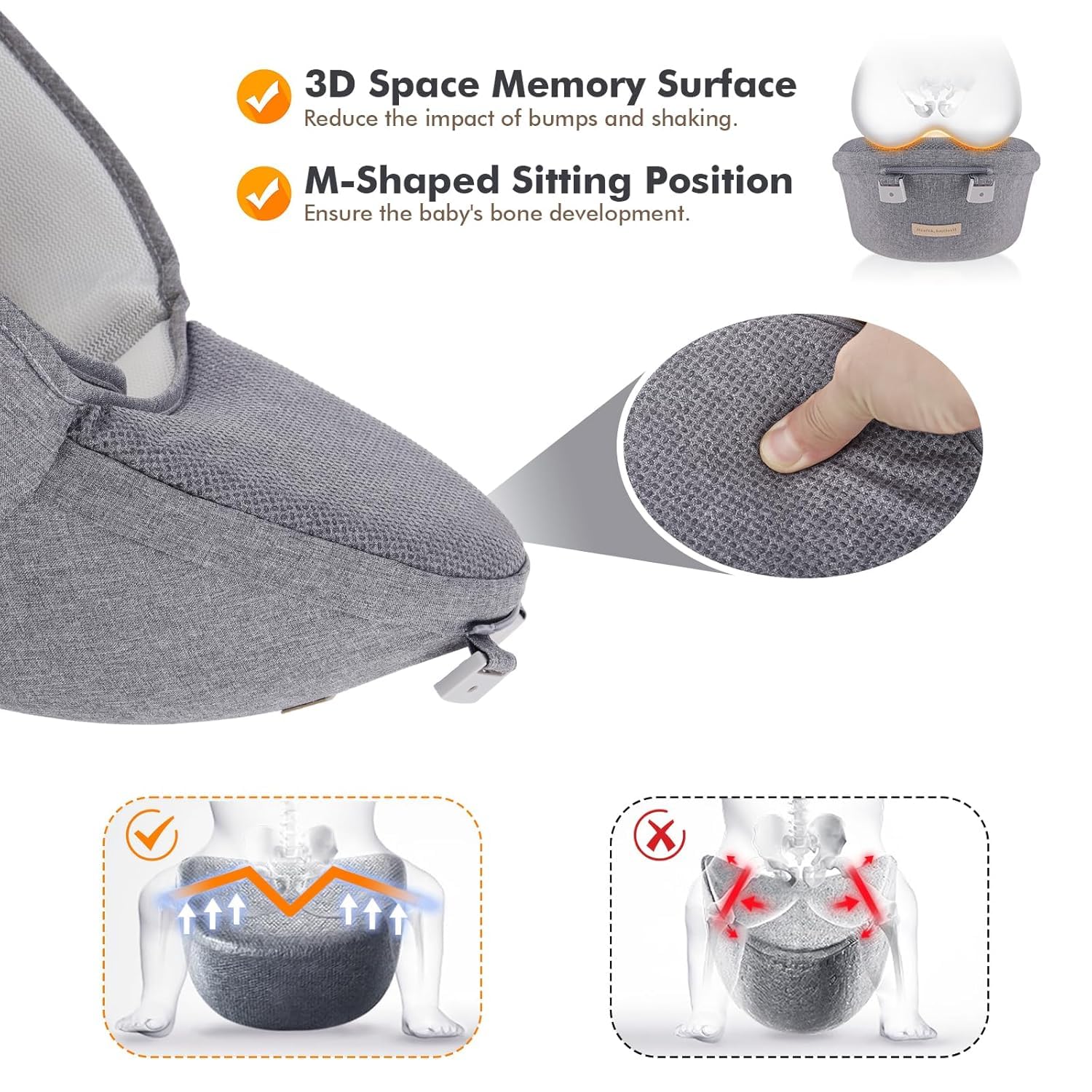 Fascia Neonato, 9-in-1 Regolabile Marsupio Neonati Ergonomico, Confortevole e Leggero, Sedile con Supporto Lombare, Marsupio Bambino da 0-36 Mesi, Ideale per Genitori a Mani Libere, Grigio