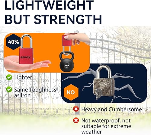 Miniatura 5 de SEPOX® Ultra-Durable Anti-Rust Outdoor Padlock - Red Aluminum 38mm 1-1/2" with Long Shackle & 3 Big Keys Ideal for Gate, Storage, Locker, Fence &