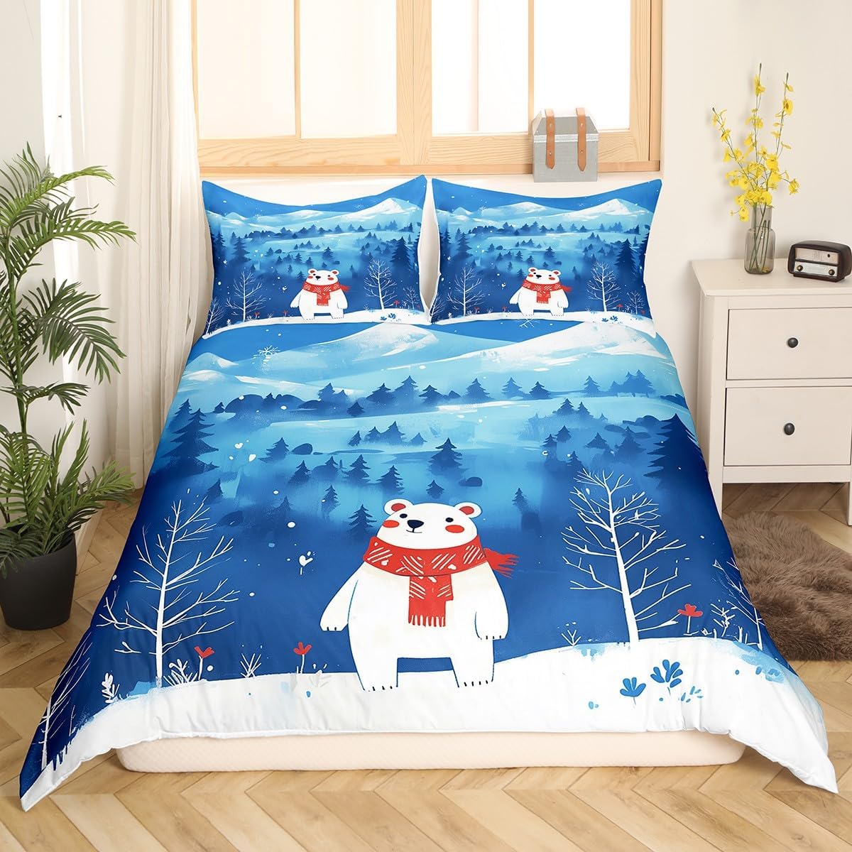 Cartoon Bear Duvet Cover Set Toddler Size,Lovely Bear Christmas Red Scarf Bedding Set,Natural Snowy Mount Pine Trees Comforter Cover(No Filler) for Kids,2 Pcs