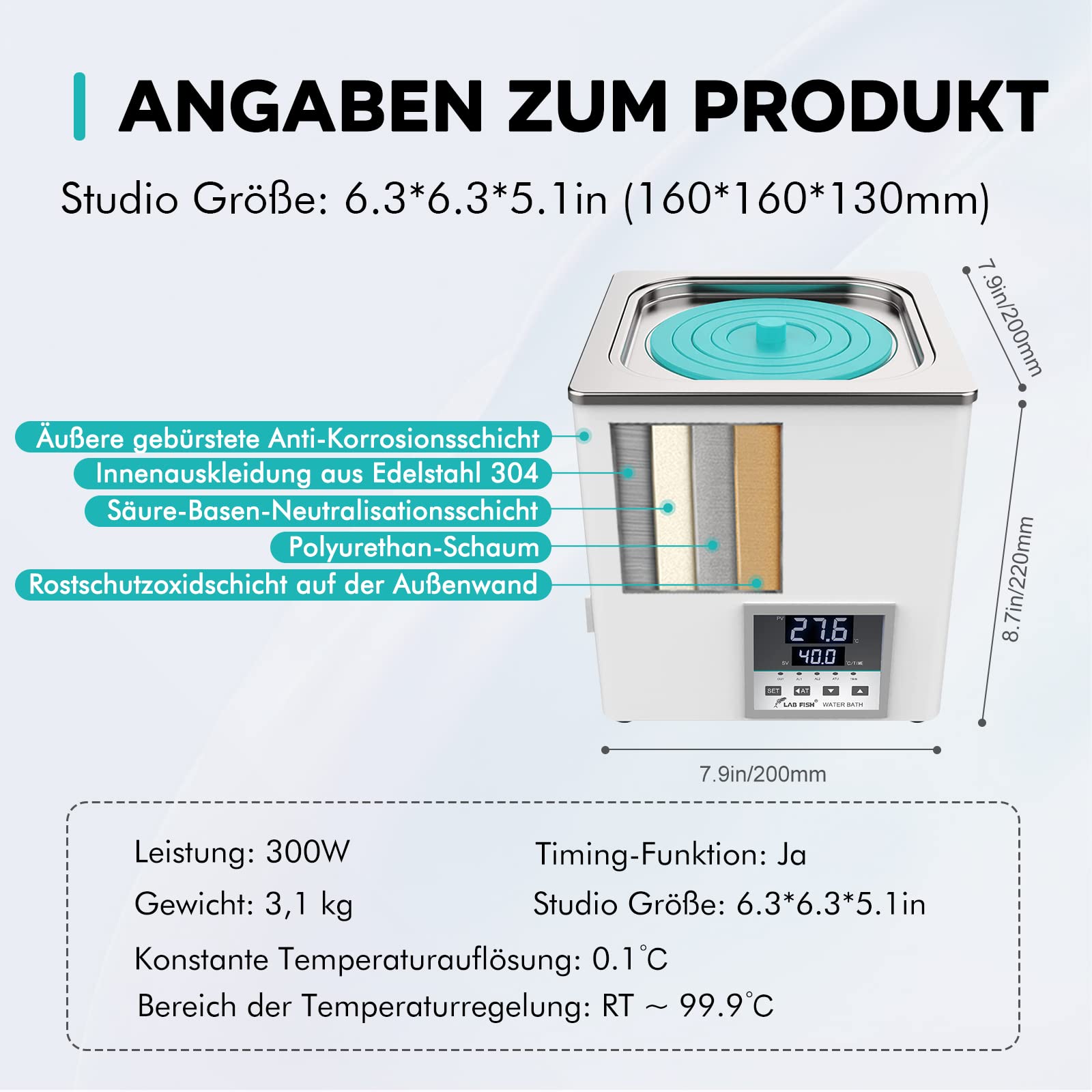 LAB FISH Laborwasserbad 3L, 300W - Einzelbohrung, Edelstahl - Präzisions-Thermostat ±0,1°C - Timer 0-999 Min - LED Display
