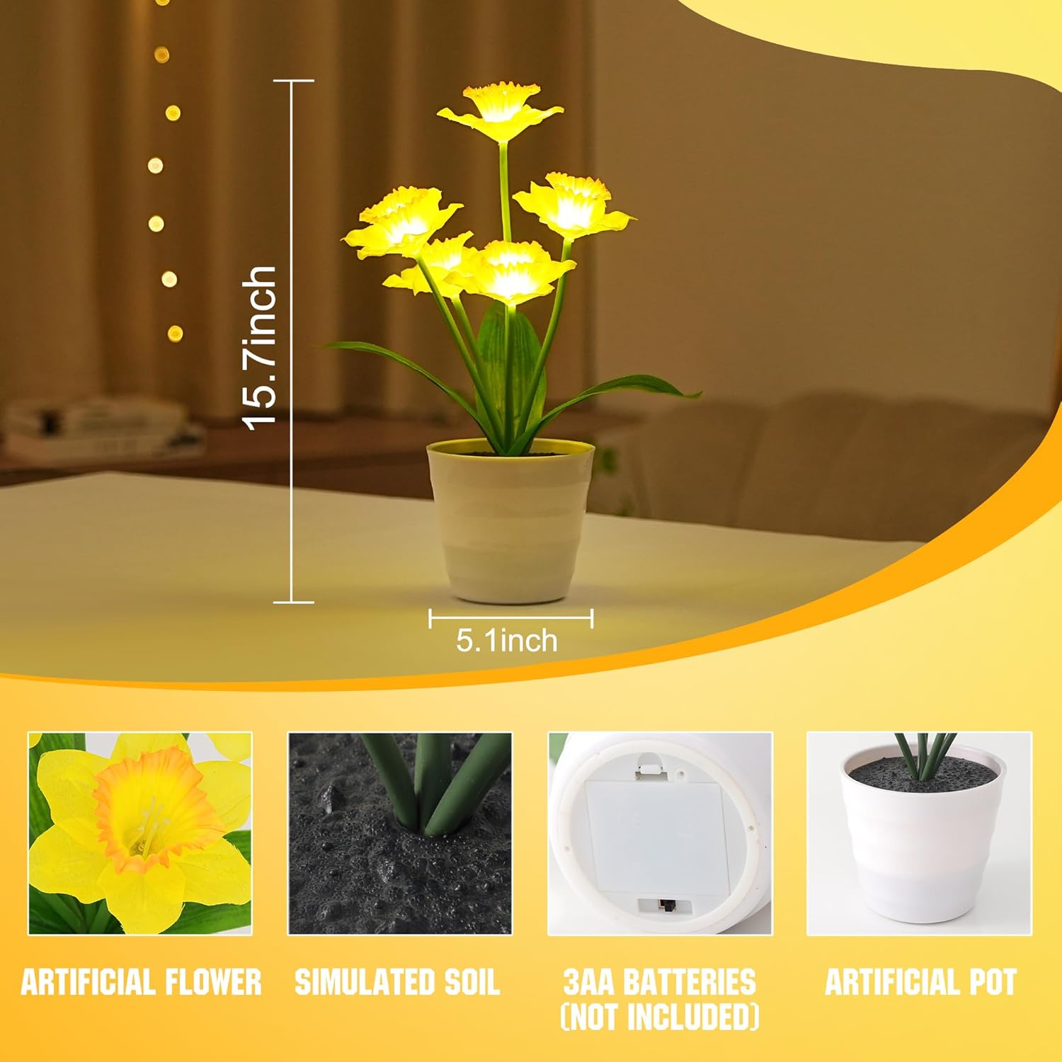 Artificial Yellow Daffodil Flower Lamp Night Light for Bedroom Bar Coffee Shop Wedding Decor, Gifts for Women Mom Daughter Grandma Girlfriend Coworker Friend Birthday Christmas Valentines Mothers Day