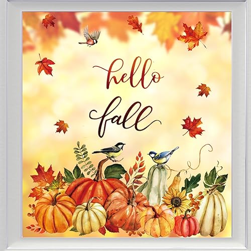 Miniatura 7 de Whaline 9 hojas de calcomanías coloridas de doble cara para ventana de otoño, Acción de Gracias, pájaro, calabaza, hoja de arce, calcomanías
