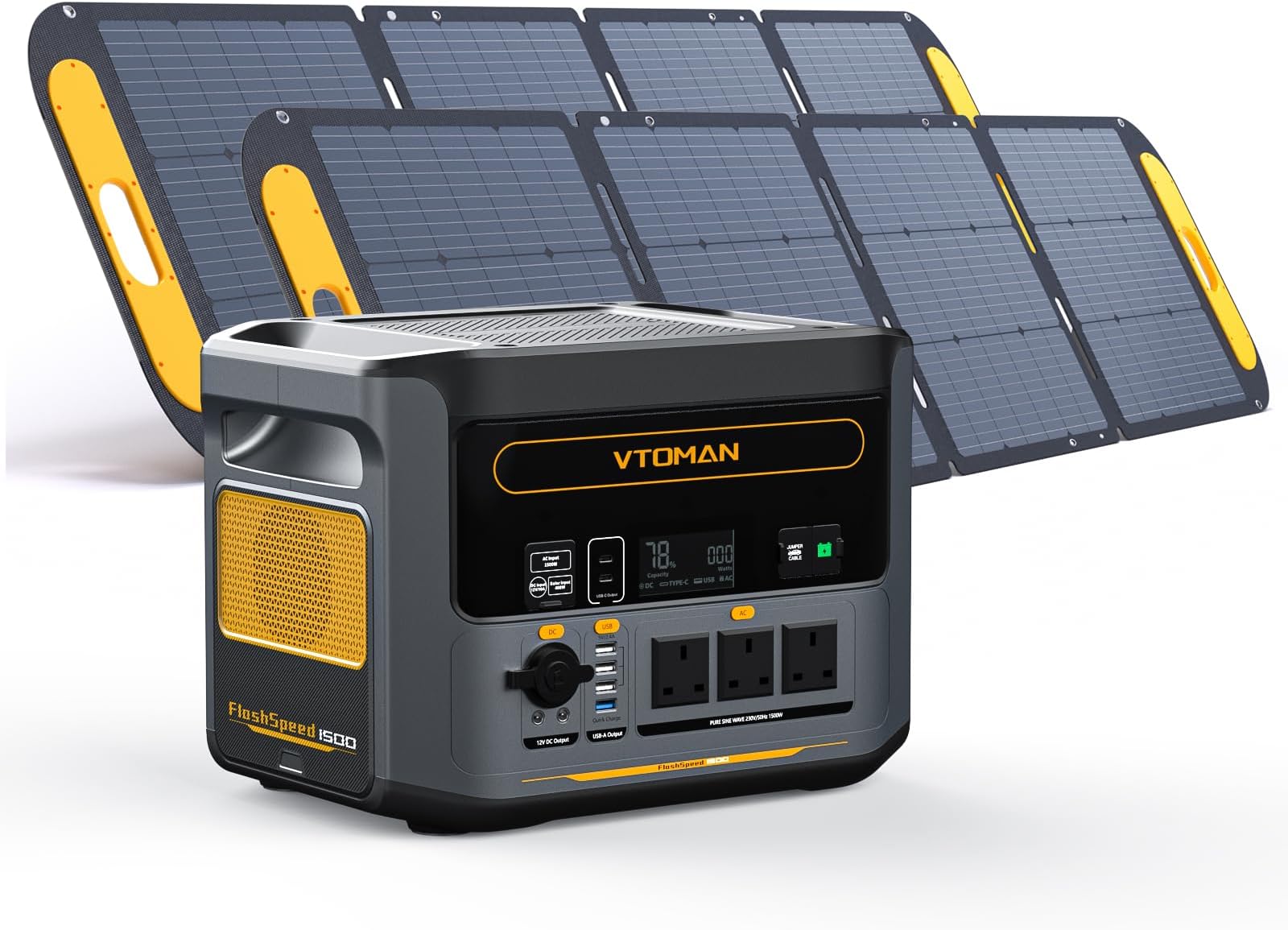 VTOMAN FlashSpeed 1500 Power Station with 2*200W Pro Solar Panel, 1500W/1548Wh LiFePO4 Battery Solar Generator with 230V AC Output/Input, 100W USB Port, Full Charge within 1H for Camping, Home Backup