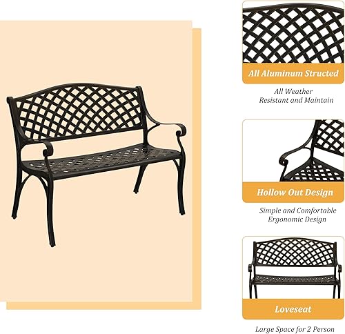 Miniatura 3 de Banco de jardín para exteriores, banco de parque, banco de metal para porche, banco delantero de aluminio fundido para interiores y exteriores, para