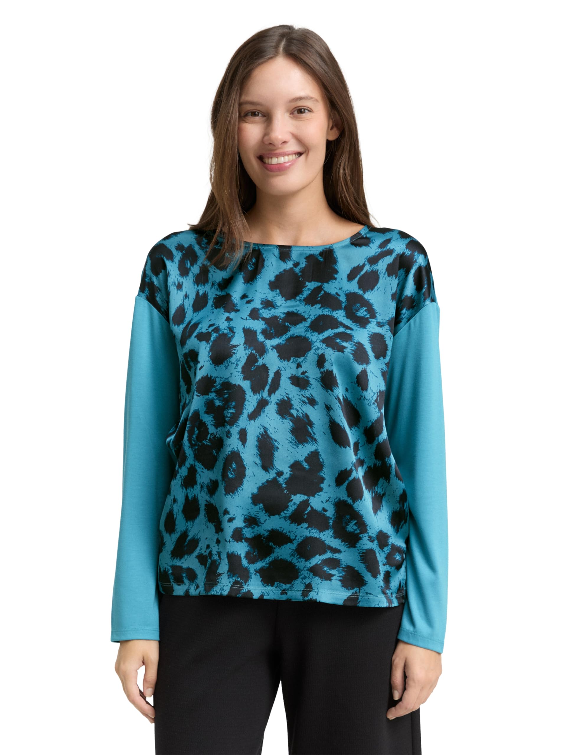 TOM TAILOR Damen Loose Fit Langarmshirt mit Leo-Print