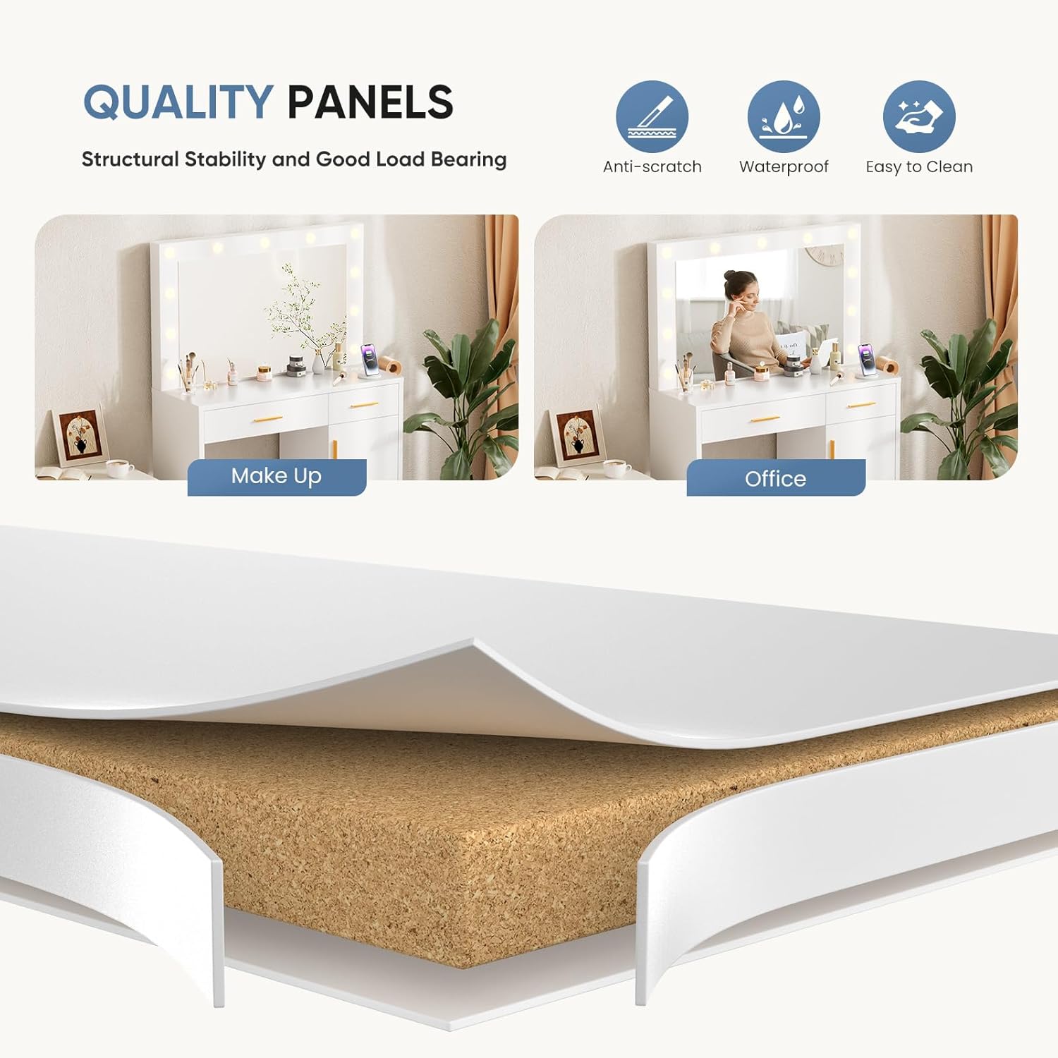 DUMOS Vanity Desk with Mirror and 11 LED Lights, Makeup Vanity Table with Charging Station (2AC/USB/C), Dressing Table with 2 Drawers & Large Cabinet, 3 Lighting Color Adjustable, White