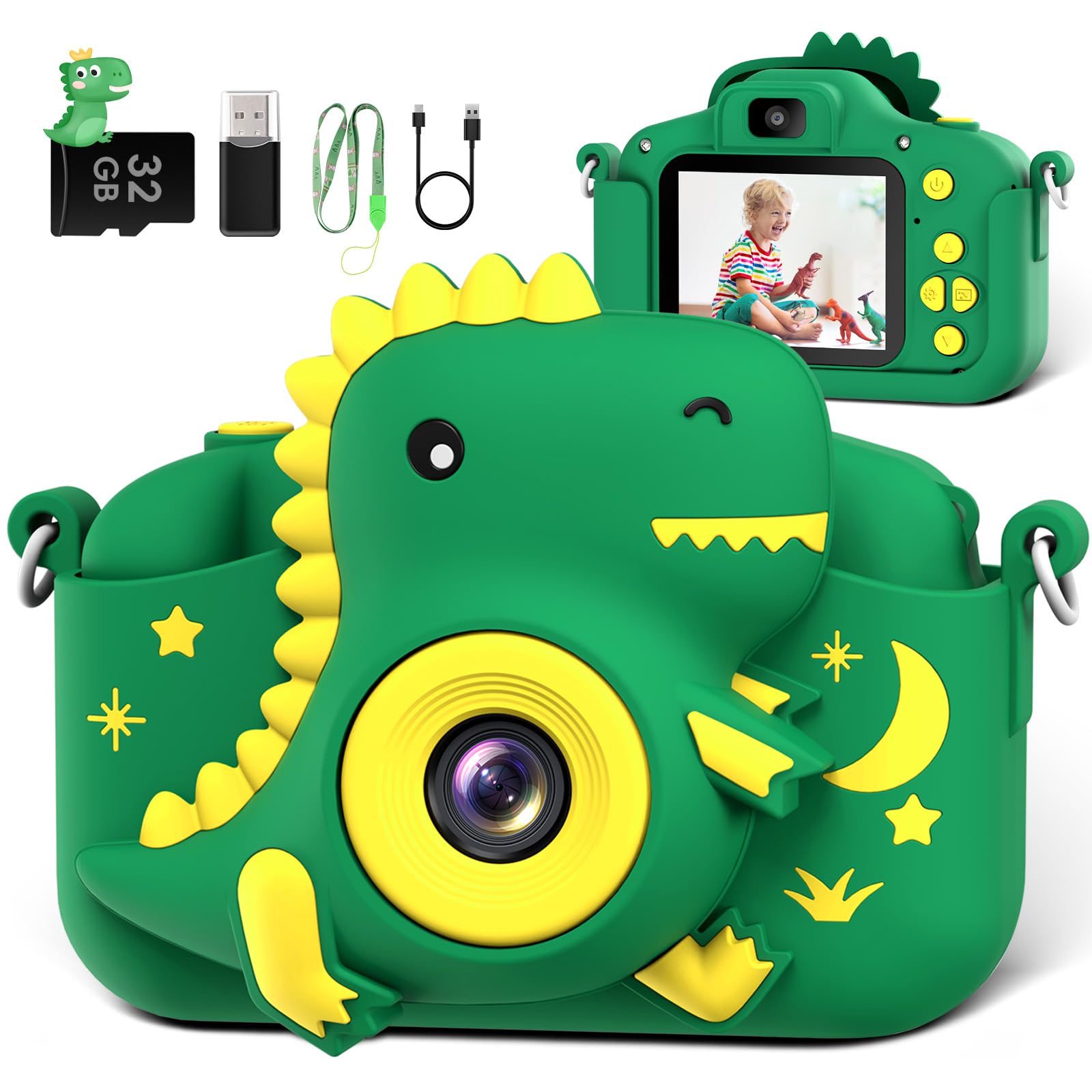 Kids Camera, Dinosaur Toddler Digital Camera for Ages 3-12 Boys Girls Childrens, Christmas Birthday Gifts, Selfie 1080P HD Video Camera for 3 4 5 6 7