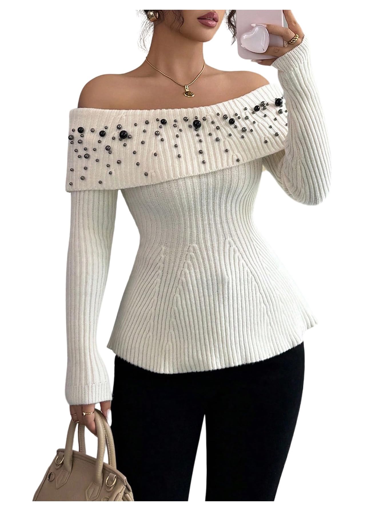 MakeMeChic Womens Off The Shoulder Sweater Beaded Ruffle Long Sleeve Fitted Pullover Tops