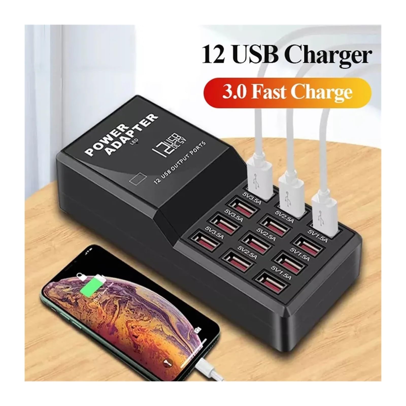 Rapide Chargeur, Station de Chargeur Hub Multi-Ports 60WUSB, 12 Ports, Chargeur Mural Intelligent, Station de Charge Rapide,Chargeur USB Voyage/Haute Vitesse