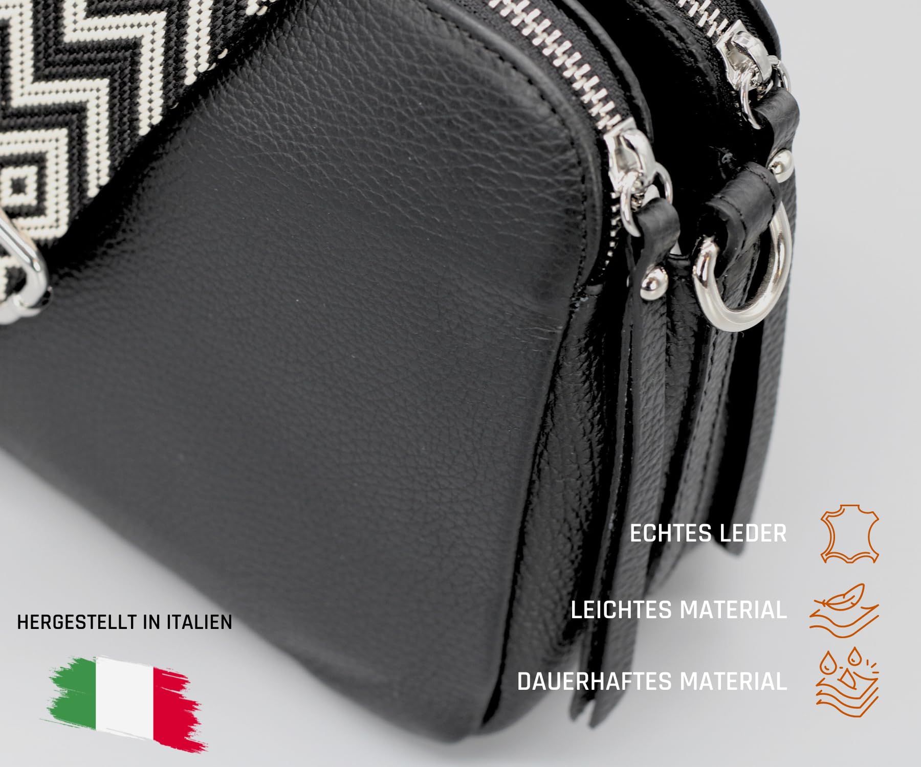 Adel Bags MARA Damen Umhängetasche Echtleder Handgefertigt Crossbody Bag | Damen Schultertasche mit Ledergurt & gemustertem Riemen, Echtes Leder, 5 Fächer, Wasserabweisend, Made in Italy