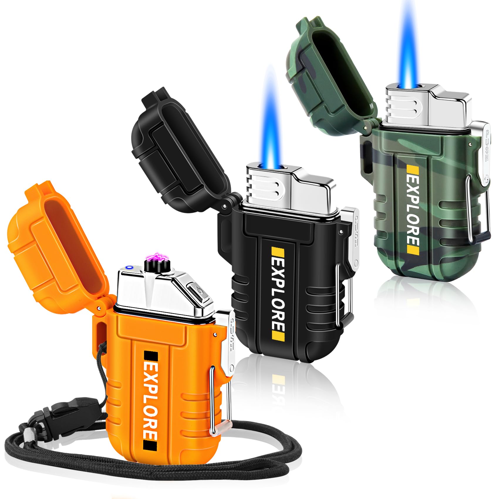 LcFun 3 Pack Waterproof Lighter Windproof Torch Lighters Butane Refillable, Electric Dual Arc Lighters USB Rechargeable Flameless Plasma Lighter