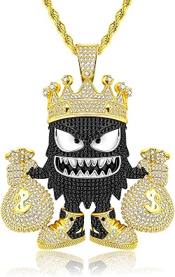 HELLOICE Iced Out Crown Little Monster Money Bag Pendant Necklace for Women Men 5A CZ Cartoon Monster Pendant Necklace Personality Hip Hop Jewelry with 3mm 24inches Rope Chain