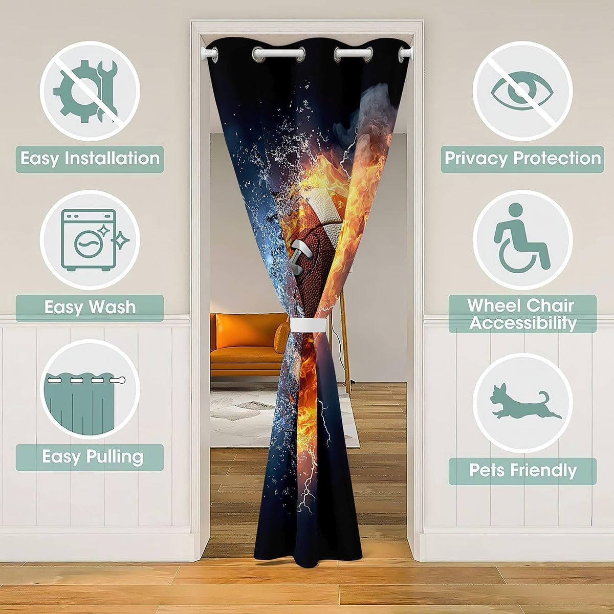 jejeloiu Football Doorway Curtains Privacy, Boys Girls Rugby Sport Closet Door Curtain for Bedroom, American Football 30%-50% Blackout Door Cover Curtains, Window Curtain Drape, 1 Panel 42" W x 80" L